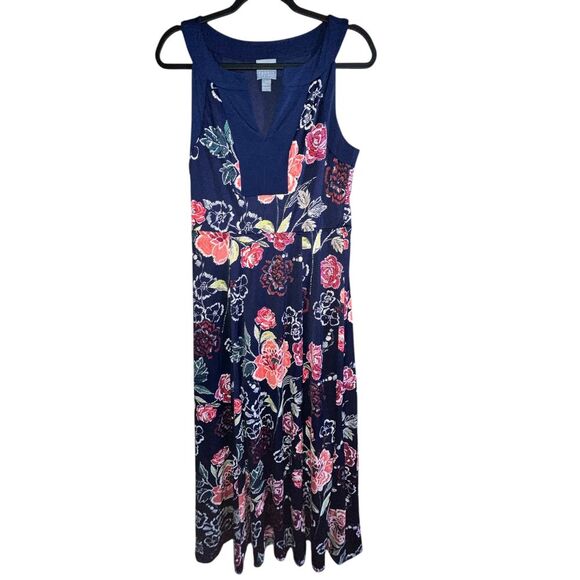 Vintage Y2K Rabbit Rabbit Rabbit Design Navy-Floral Sleeveless Maxi Dress (8)‎ - Picture 1 of 7